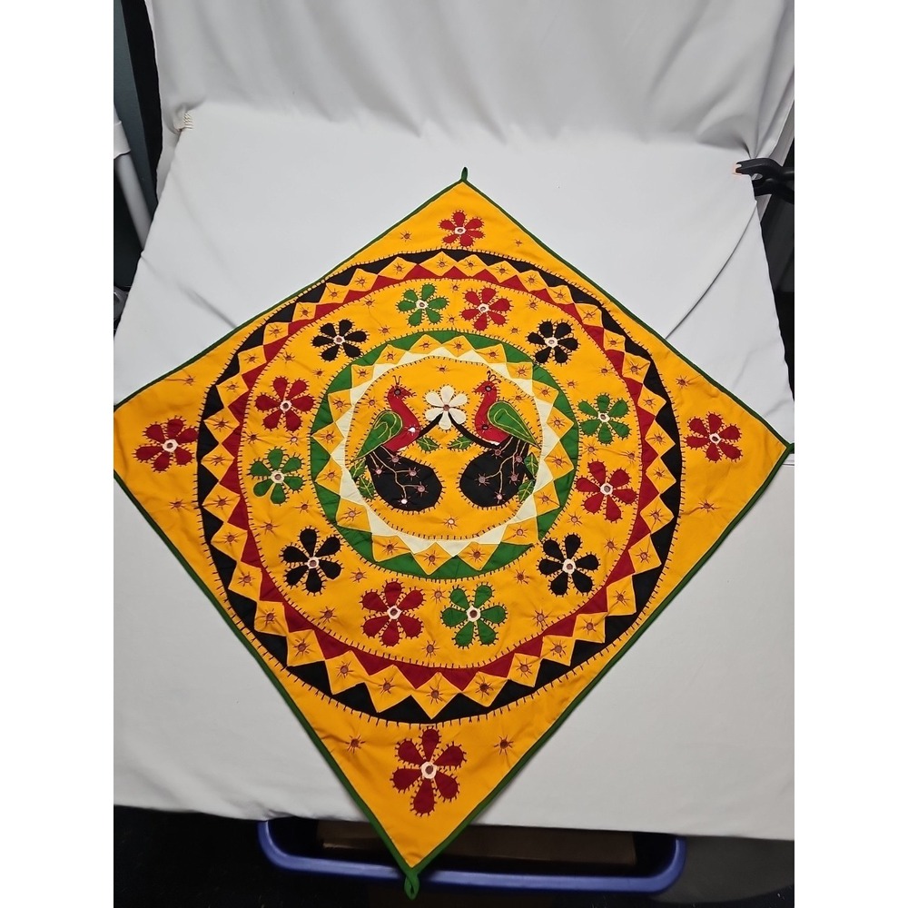 Indian Applique Embroidered Peacock Flowers‎ Wall Hanging 32" x 32"